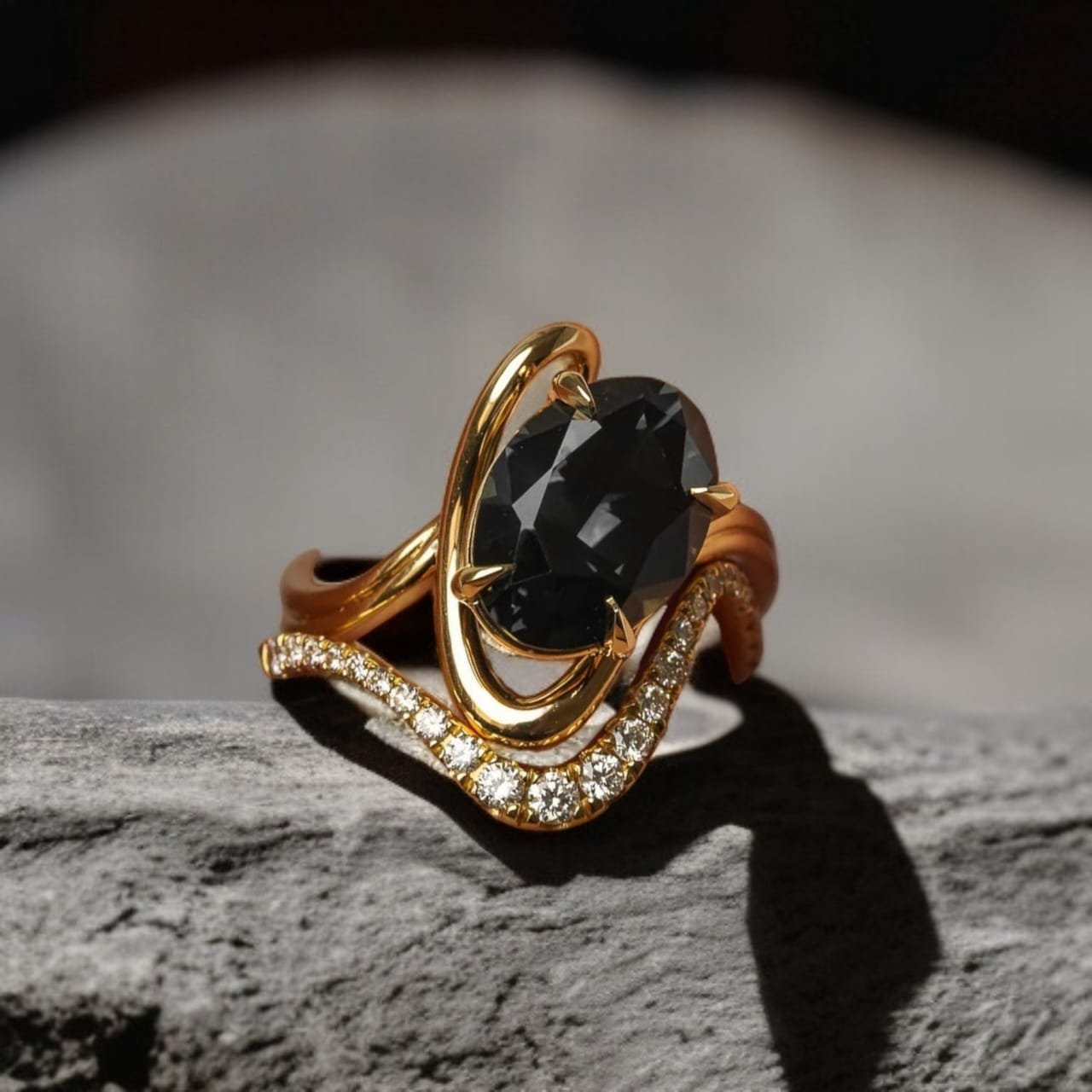 grey oval rapture ring black moissanite or black diamond