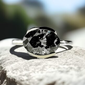 Grey Moissanite Oval cut half bezel set engagement ring, 3 carat oval dark grey moissanite east west horizontal moissanite