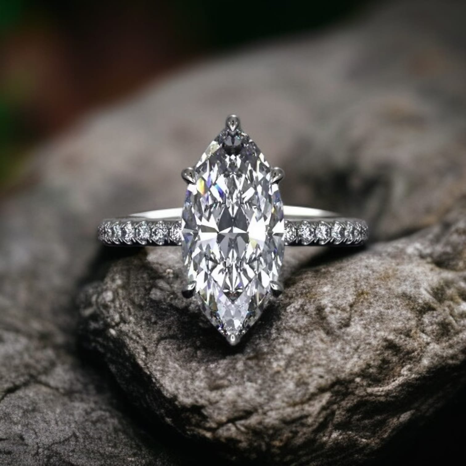 3 Carat Marquise Lab-Grown Diamond Ring – Hidden Halo & Pavé in 14K White Gold | Veva Jewel