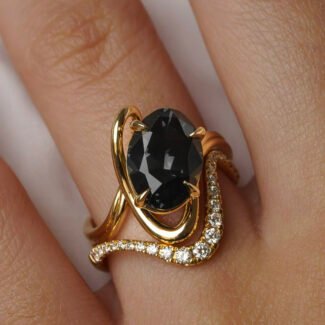 Shop this 3 carat oval grey moissanite rapture ring. A modern, minimalist engagement ring made with ethical moissanite and customizable metal options.