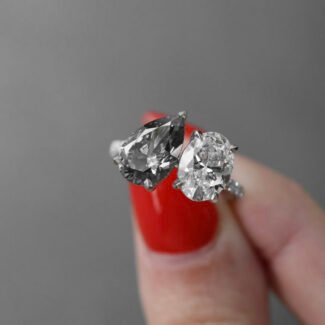 Grey Moissanite Toi et Moi Engagement Ring with Pear and Oval Cut