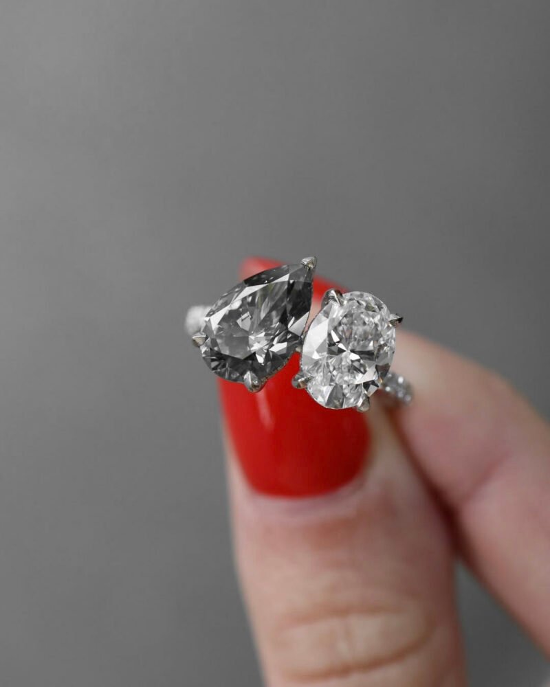 Grey Moissanite Toi et Moi Engagement Ring with Pear and Oval Cut