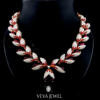 Moissanite & Lab Ruby Necklace | 925 Silver or Vermeil Bridal Jewelry | Red Leaf Statement Necklace by Veva Jewel, Bridle Jewelry