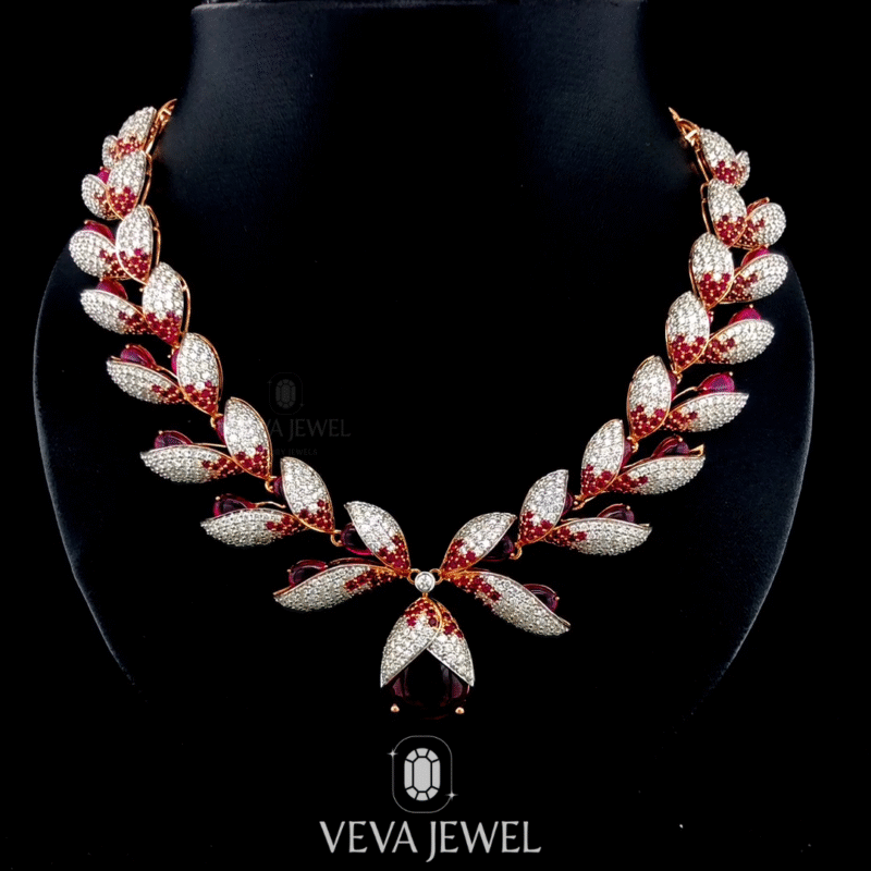 Moissanite & Lab Ruby Necklace | 925 Silver or Vermeil Bridal Jewelry | Red Leaf Statement Necklace by Veva Jewel, Bridle Jewelry