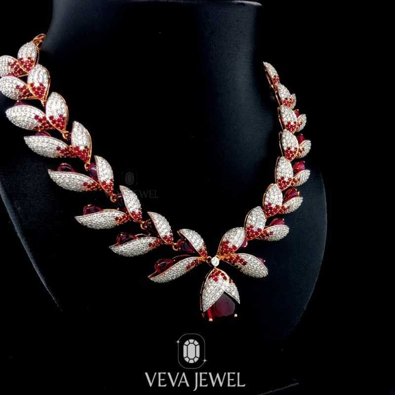 Moissanite & Lab Ruby Necklace | 925 Silver or Vermeil Bridal Jewelry | Red Leaf Statement Necklace by Veva Jewel, Bridle Jewelry