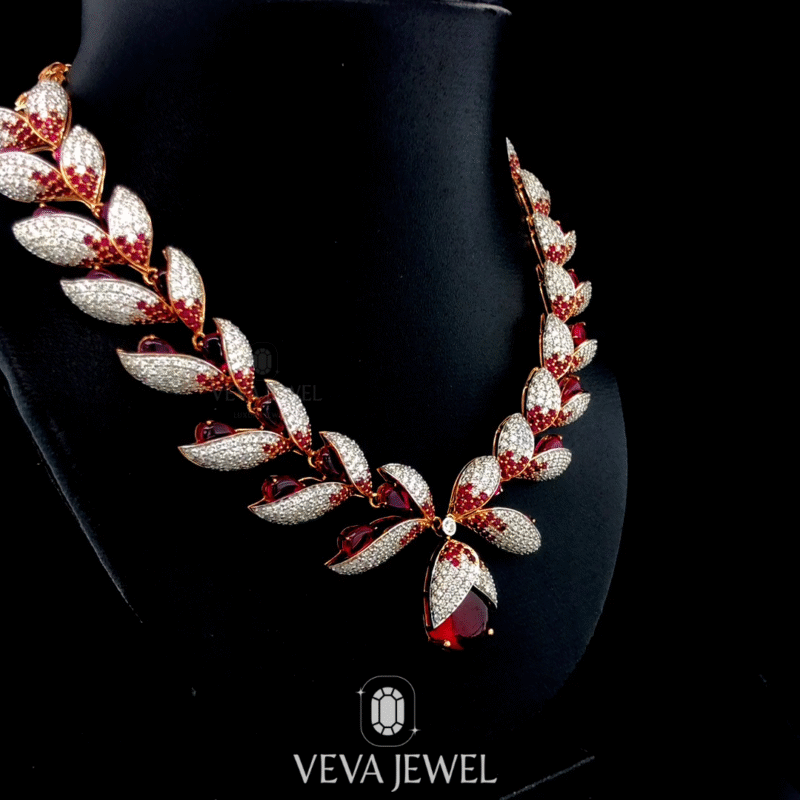Moissanite & Lab Ruby Necklace | 925 Silver or Vermeil Bridal Jewelry | Red Leaf Statement Necklace by Veva Jewel, Bridle Jewelry
