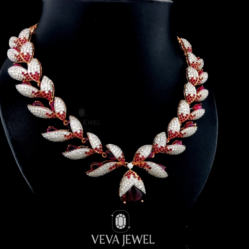Moissanite & Lab Ruby Necklace | 925 Silver or Vermeil Bridal Jewelry | Red Leaf Statement Necklace by Veva Jewel, Bridle Jewelry