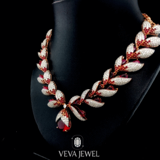 Moissanite & Lab Ruby Necklace | 925 Silver or Vermeil Bridal Jewelry | Red Leaf Statement Necklace by Veva Jewel, Bridle Jewelry