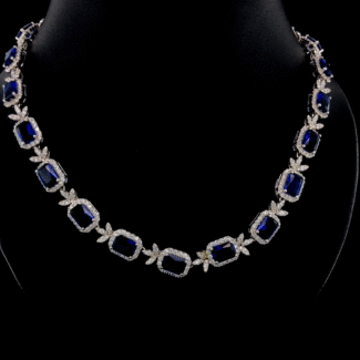 Lab Sapphire & Moissanite Royal Necklace – 925 Silver or 10K Gold | Elegant Bridal Statement Jewelry by Veva Jewel