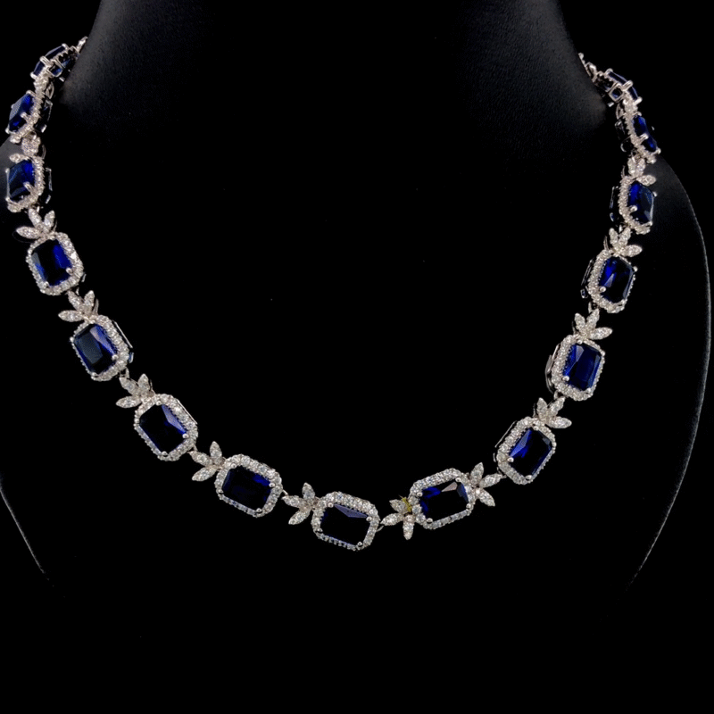 Lab Sapphire & Moissanite Royal Necklace – 925 Silver or 10K Gold | Elegant Bridal Statement Jewelry by Veva Jewel