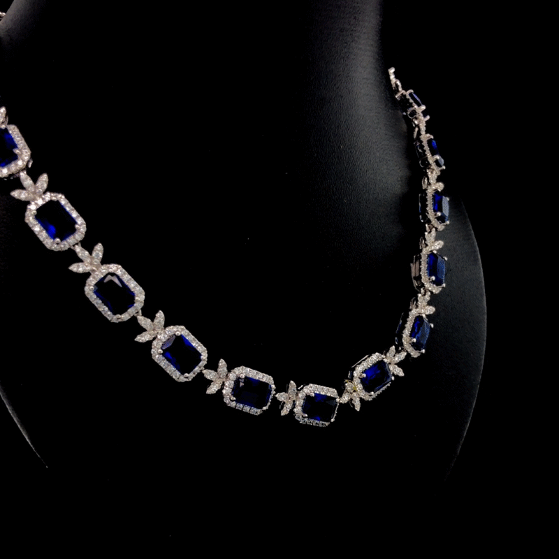 Lab Sapphire & Moissanite Royal Necklace – 925 Silver or 10K Gold | Elegant Bridal Statement Jewelry by Veva Jewel