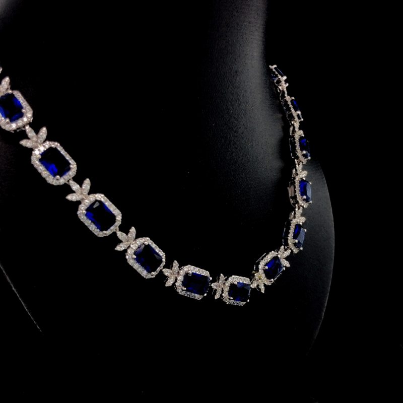 Lab Sapphire & Moissanite Royal Necklace – 925 Silver or 10K Gold | Elegant Bridal Statement Jewelry by Veva Jewel