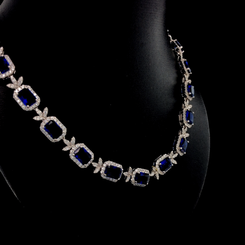 Lab Sapphire & Moissanite Royal Necklace – 925 Silver or 10K Gold | Elegant Bridal Statement Jewelry by Veva Jewel