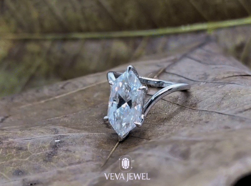 Close-up of 3 carat Dutch marquise lab-grown diamond ring in 14K white gold setting