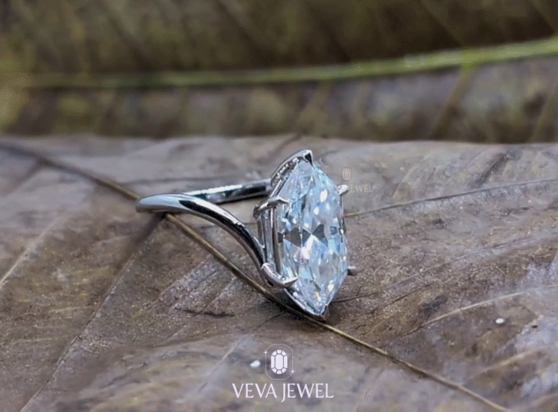 Side profile of white gold engagement ring with Dutch marquise diamond