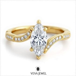 Elegant marquise cut moissanite engagement ring with sculpted curved gold band, bypass design, modern romantic style, perfect for unique bridal jewelry lovers.