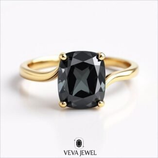 Cushion cut dark grey moissanite ring in yellow gold