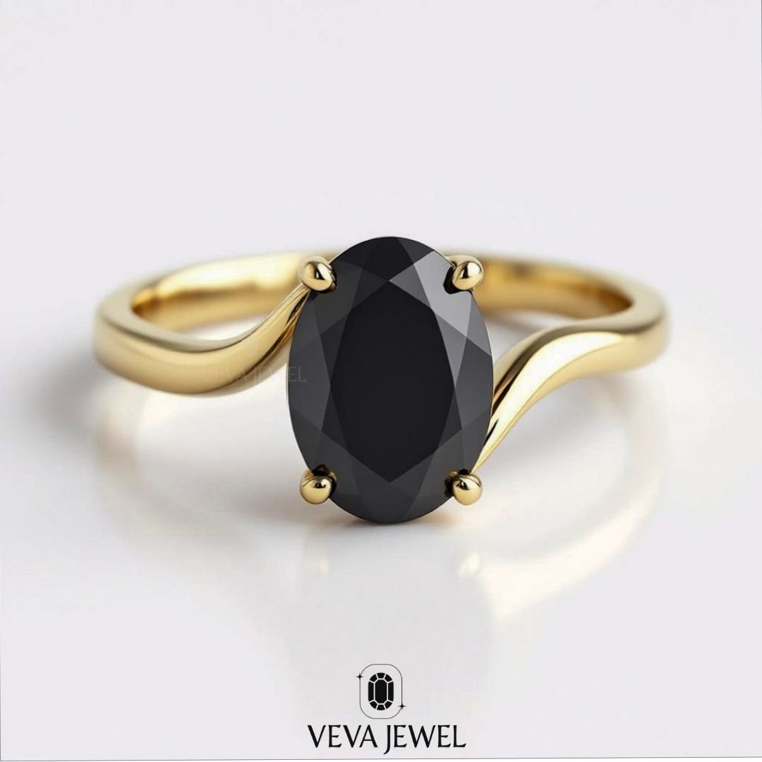 2 Carat Oval Black Diamond Bypass Engagement Ring in Yellow Gold - Front View"