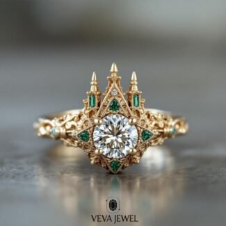 Gothic cathedral diamond engagement ring with green emerald accents