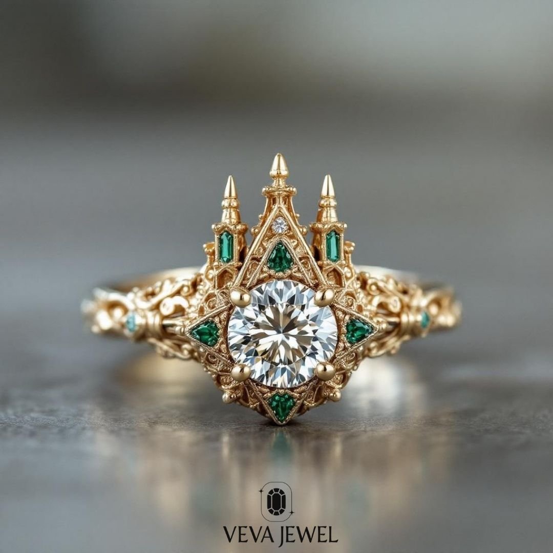 Gothic cathedral diamond engagement ring with green emerald accents