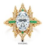Cathedral inspired lab grown diamond engagement ring with emerald accents