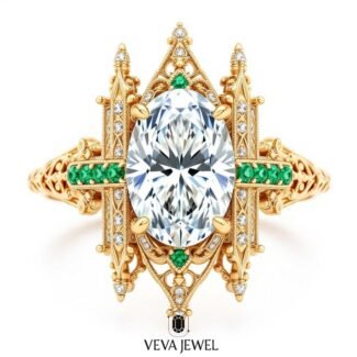 Cathedral inspired lab grown diamond engagement ring with emerald accents