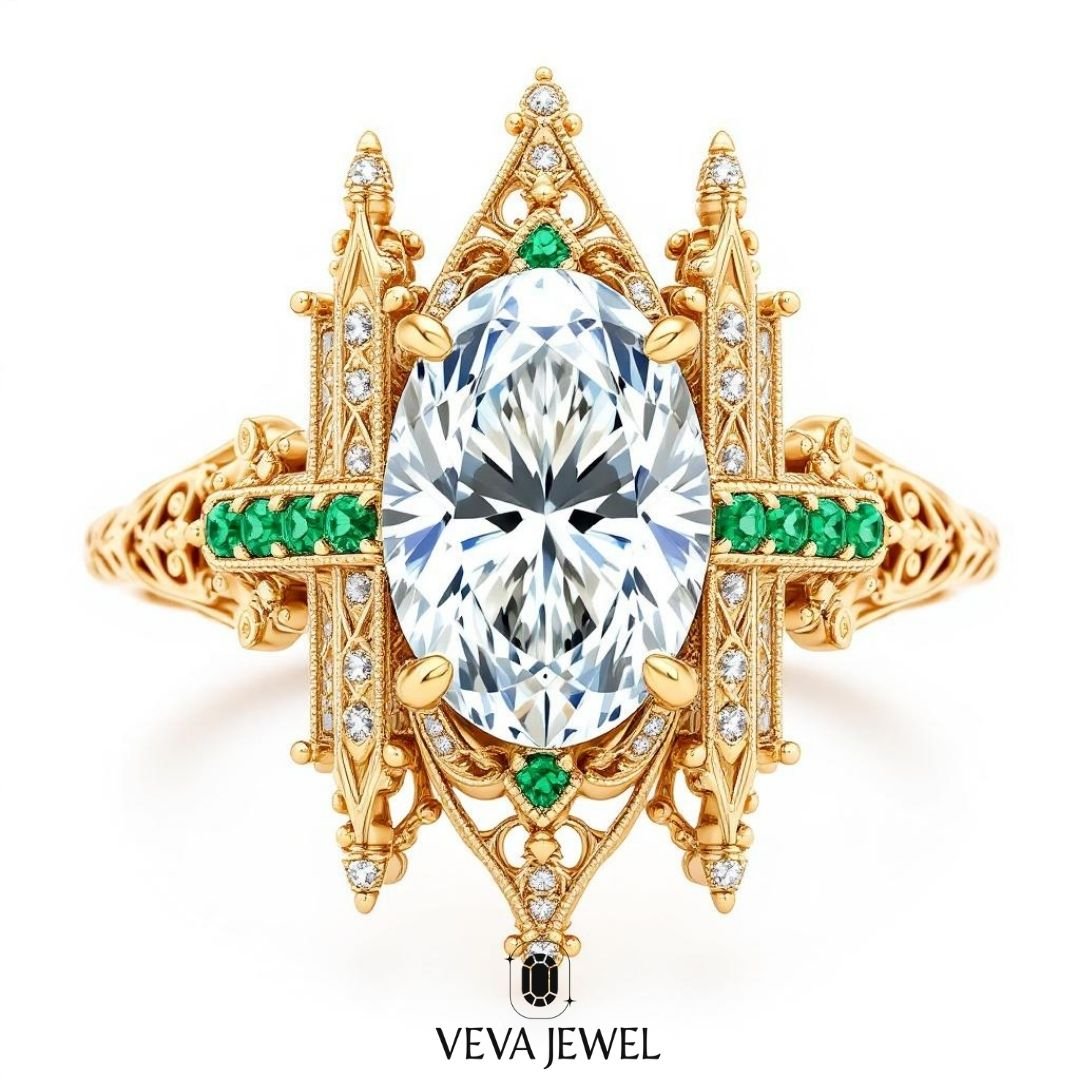 Cathedral inspired lab grown diamond engagement ring with emerald accents