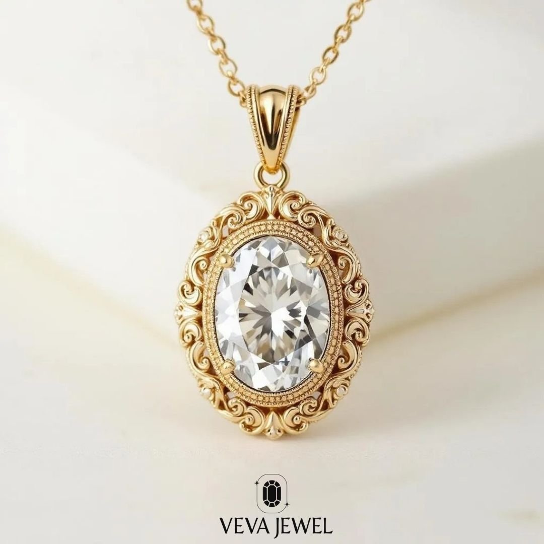 Vintage style moissanite pendant with intricate filigree