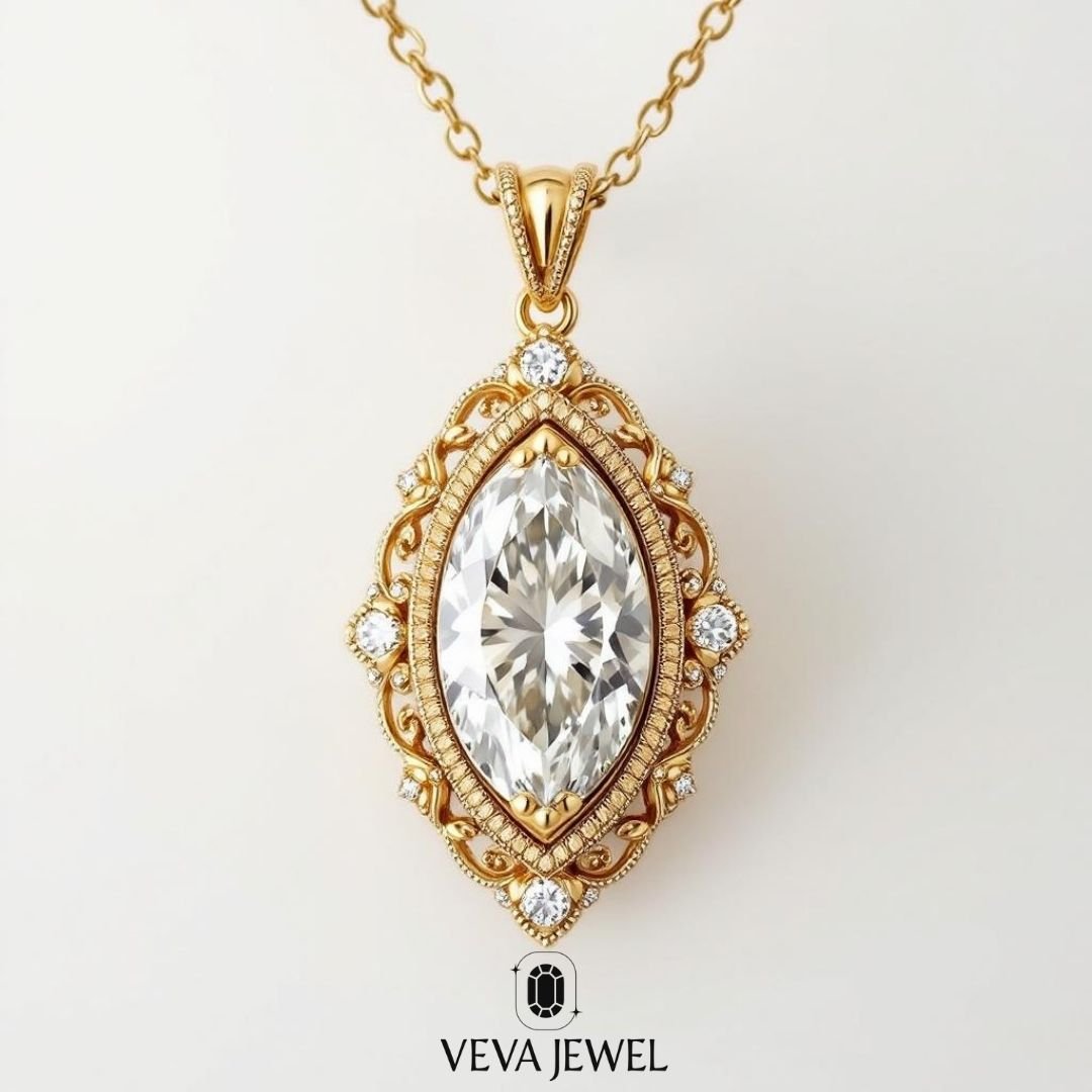 Marquise cut moissanite pendant necklace in yellow gold