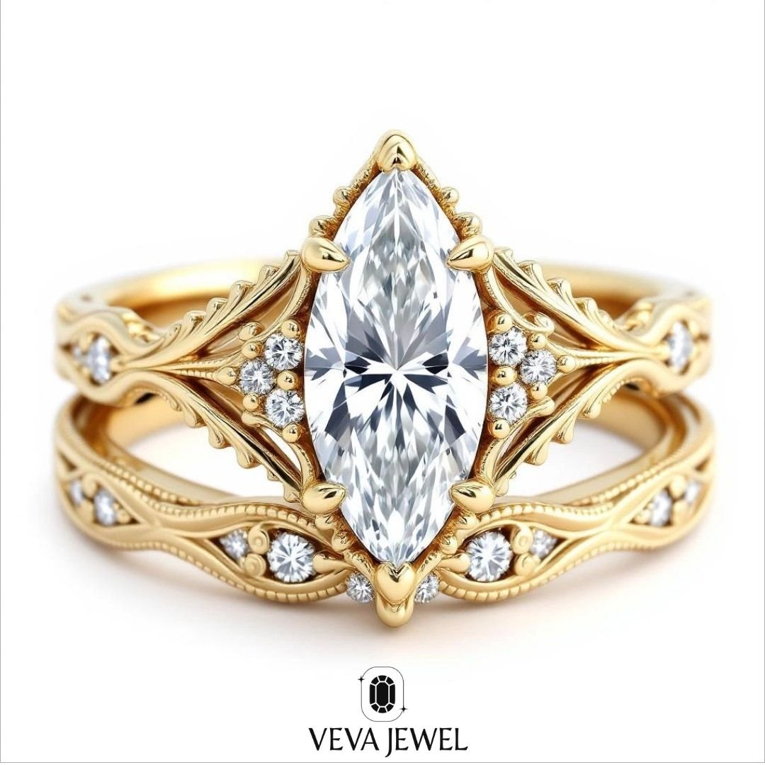 Marquise cut diamond bridal set in gold