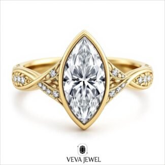 3 Carat Marquise Moissanite Engagement Ring | Twisted Gold Vintage Band | Leaf Filigree Ring | Unique Bridal Ring | Antique Vintage Style