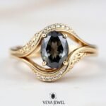 2 Carat Dark Grey Moissanite Ring | Oval Cut Vintage Bypass Engagement Ring | Yellow Gold Filigree Band | Unique Bridal Ring Gift