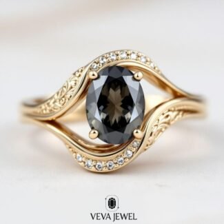 2 Carat Dark Grey Moissanite Ring | Oval Cut Vintage Bypass Engagement Ring | Yellow Gold Filigree Band | Unique Bridal Ring Gift