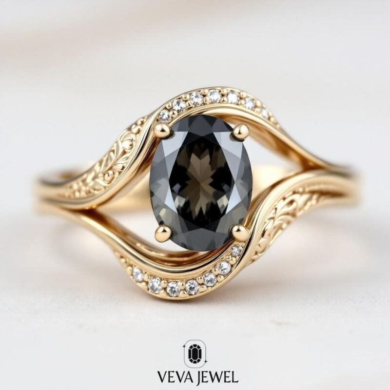 2 Carat Dark Grey Moissanite Ring | Oval Cut Vintage Bypass Engagement Ring | Yellow Gold Filigree Band | Unique Bridal Ring Gift