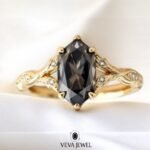 4 Carat Dark Grey Dutch Marquise Vintage Style Ring – Nature-Inspired Split Band Black Moissanite & Yellow Gold, Anniversary Gift for Wife