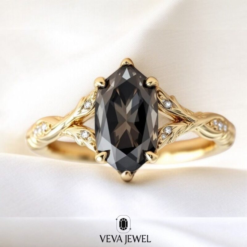 4 Carat Dark Grey Dutch Marquise Vintage Style Ring – Nature-Inspired Split Band Black Moissanite & Yellow Gold, Anniversary Gift for Wife