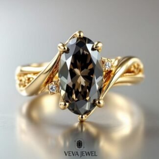 4 Carat Dark Grey Oval Moissanite Ring | Twisted Yellow Gold Engagement Ring | Vintage Style Statement Ring | Moval Engagement Ring for Gift
