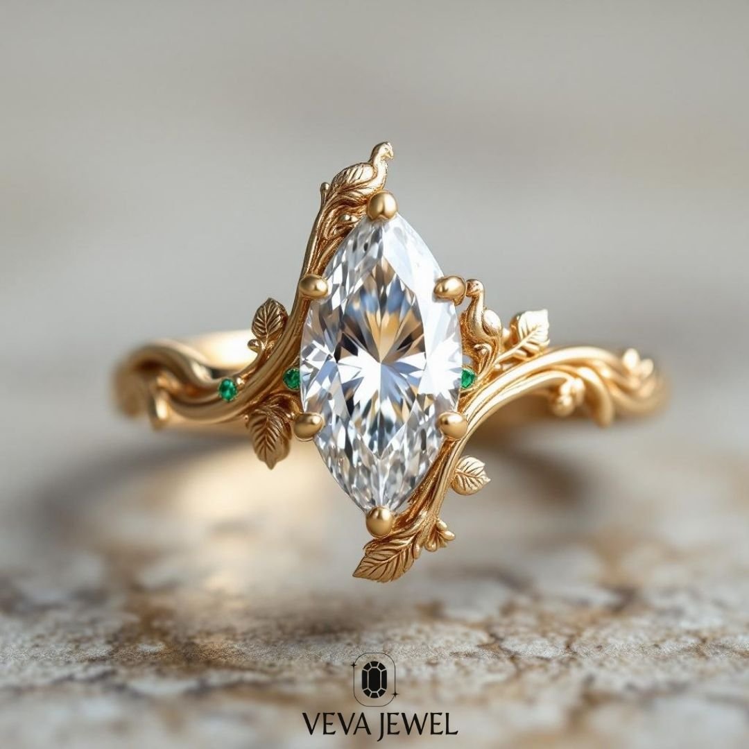 3 Carat Marquise Moissanite Ring | Nature-Inspired Leaf Engagement Ring | Gold Vine Ring with Emerald Accents | VEVA JEWEL Bridal Jewelry