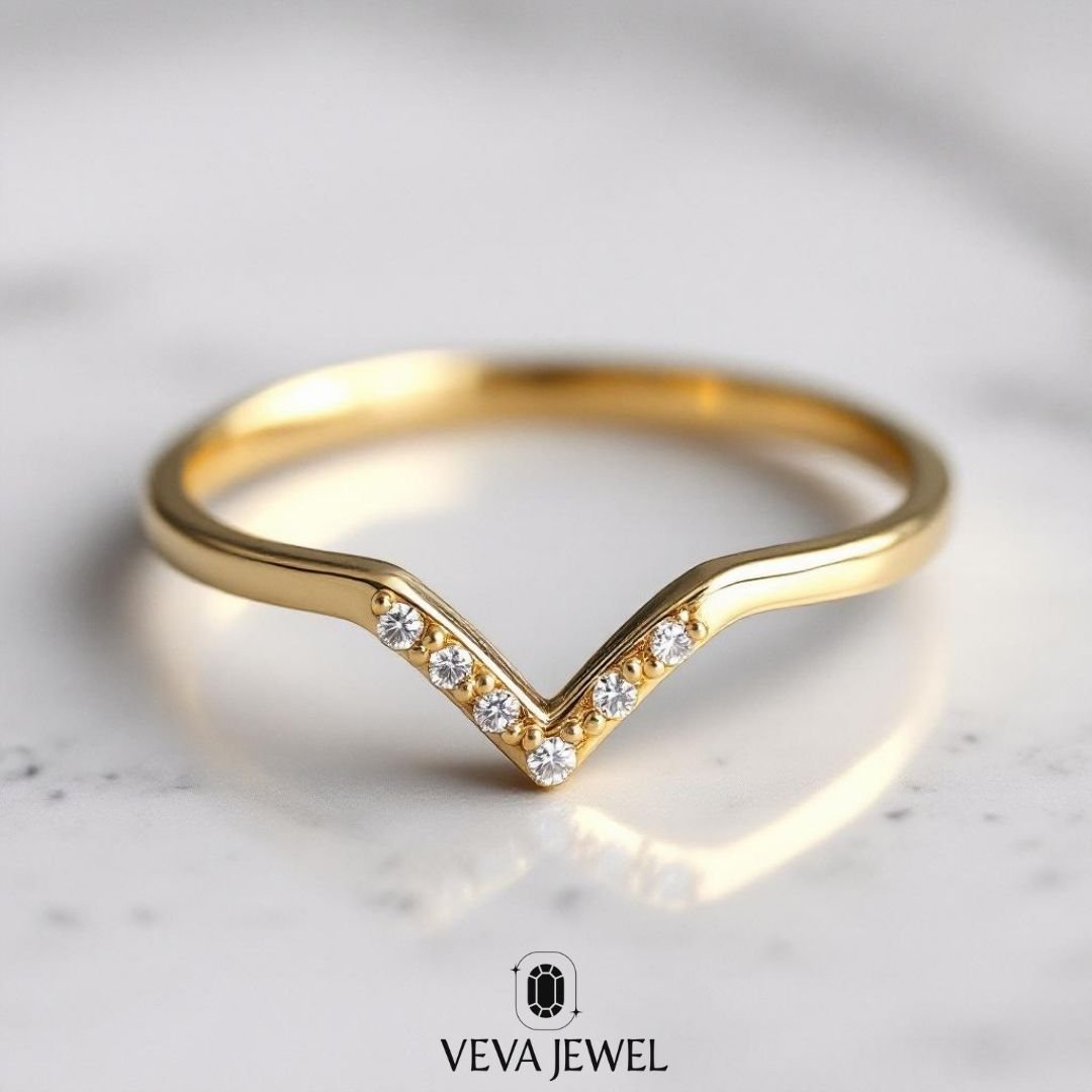 Chevron Lab Grown Diamond Wedding Band | Gold V Shaped Stacking Ring | Minimalist Contour Band | VEVA JEWEL Bridal Jewelry
