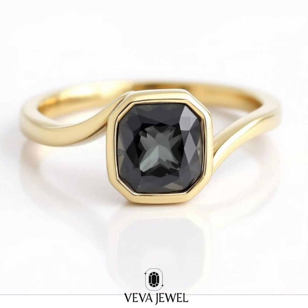 Grey cushion cut moissanite engagement ring in gold