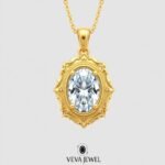Oval Moissanite Vintage Pendant Necklace | Gold Scroll Frame Design