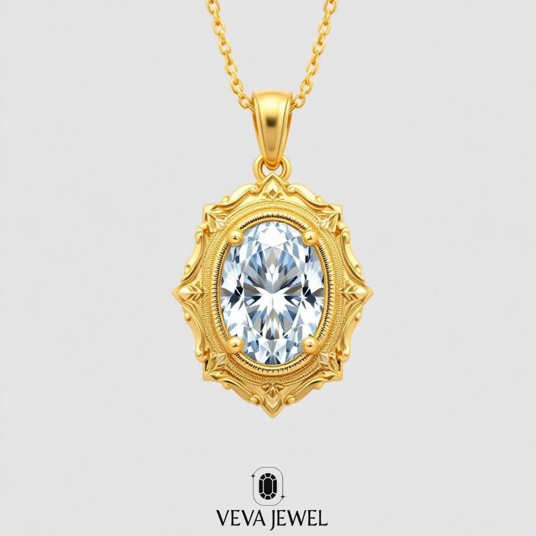 Oval Moissanite Vintage Pendant Necklace | Gold Scroll Frame Design