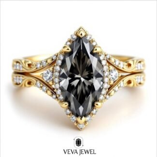 Dark grey marquise moissanite engagement ring in gol