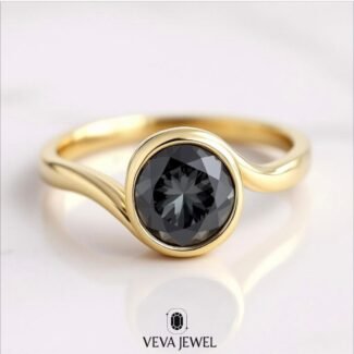 2 Carat Grey Moissanite Bezel Set Ring | Round Cut in Gold Bypass Band | Modern Minimal Engagement Ring | Unique Alternative Bridal Jewelry