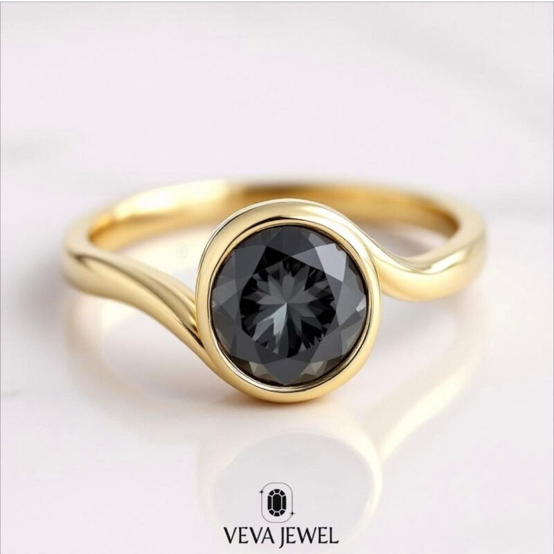 2 Carat Grey Moissanite Bezel Set Ring | Round Cut in Gold Bypass Band | Modern Minimal Engagement Ring | Unique Alternative Bridal Jewelry