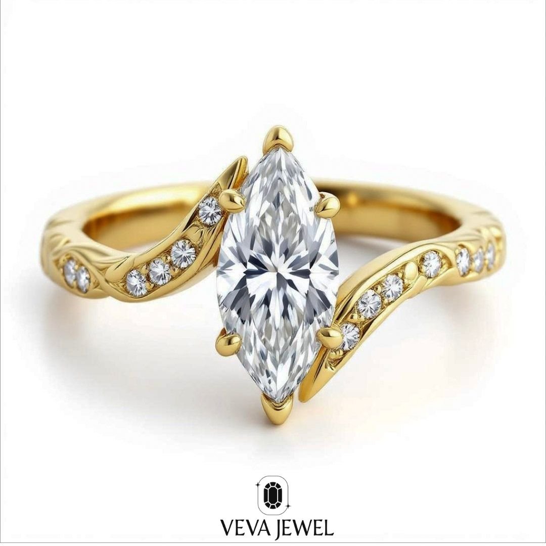 vintage marquise cut moissanite engagement ring in solid gold