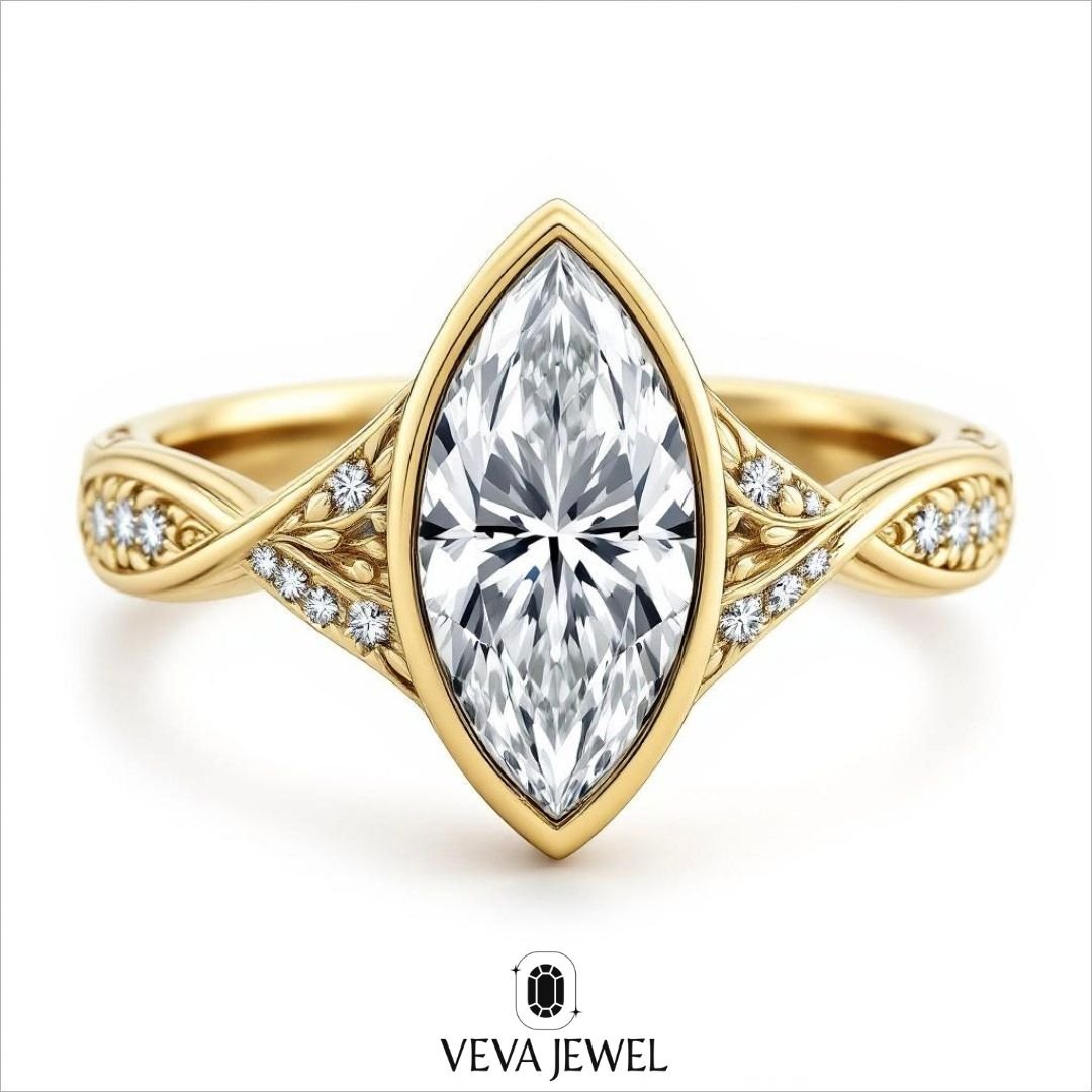 Vintage style marquise bezel set Yellow Gold Engagement Ring