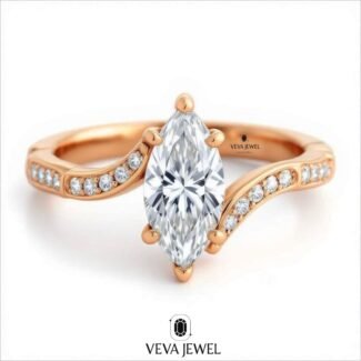 Handcrafted marquise moissanite solitaire ring featuring a fluid bypass band in polished gold, artistic and modern engagement ring for her special moment.