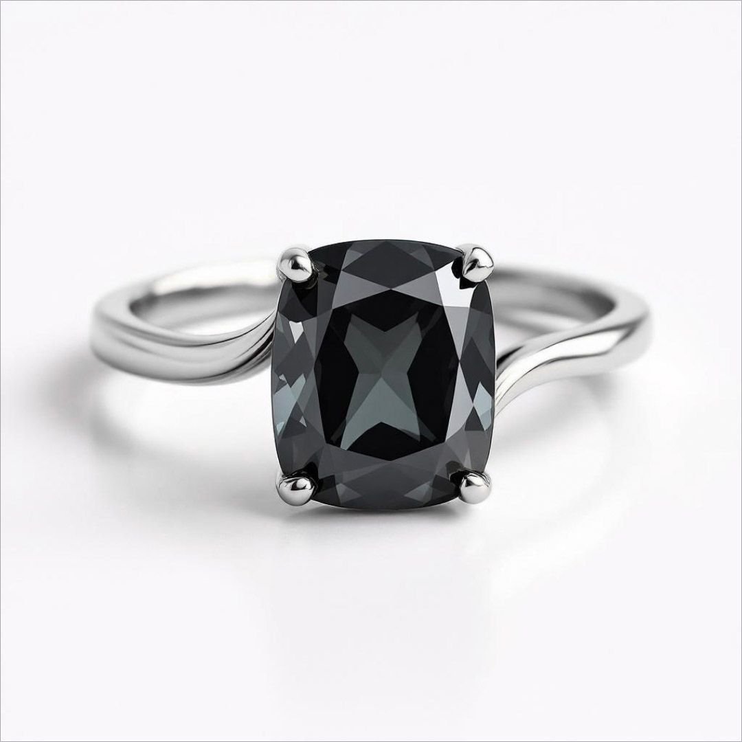 white gold band dark grey cushion cut ring