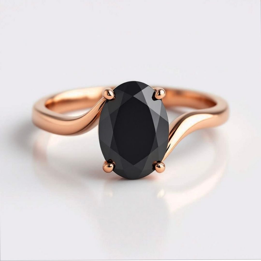 2 Carat Oval Black Diamond Bypass Engagement Ring in rose Gold - Front View"